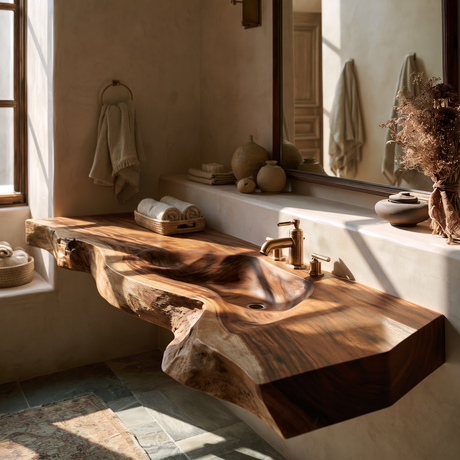Riverhollow Handcrafted Live Edge Solid Wood Floating Bathroom Vanity with Integrated Sink Brown - Timberustic Floating Bathroom Vanity with Integrated Sink