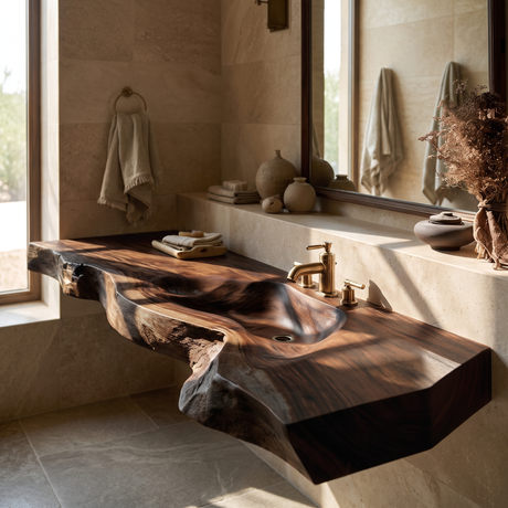 Riverhollow Handcrafted Live Edge Solid Wood Floating Bathroom Vanity with Integrated Sink Dark Walnut - Timberustic Floating Bathroom Vanity with Integrated Sink