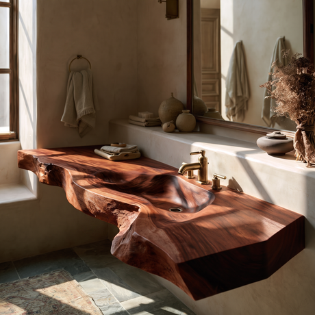 Riverhollow Handcrafted Live Edge Solid Wood Floating Bathroom Vanity with Integrated Sink Mahogany - Timberustic Floating Bathroom Vanity with Integrated Sink