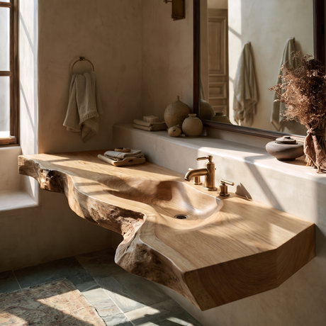 Riverhollow Handcrafted Live Edge Solid Wood Floating Bathroom Vanity with Integrated Sink Natural Oak - Timberustic Floating Bathroom Vanity with Integrated Sink