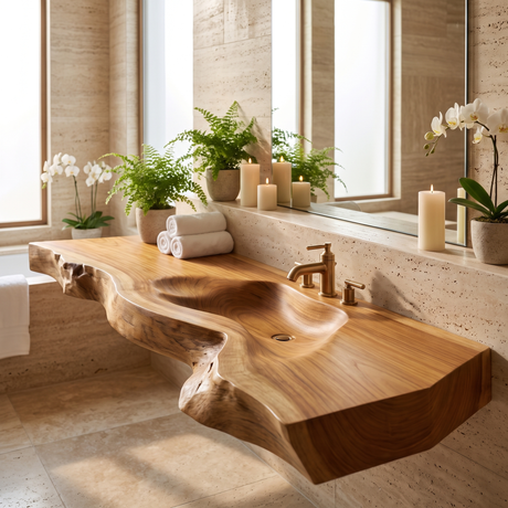 Riverhollow Handcrafted Live Edge Solid Wood Floating Bathroom Vanity with Integrated Sink Teak - Timberustic Floating Bathroom Vanity with Integrated Sink