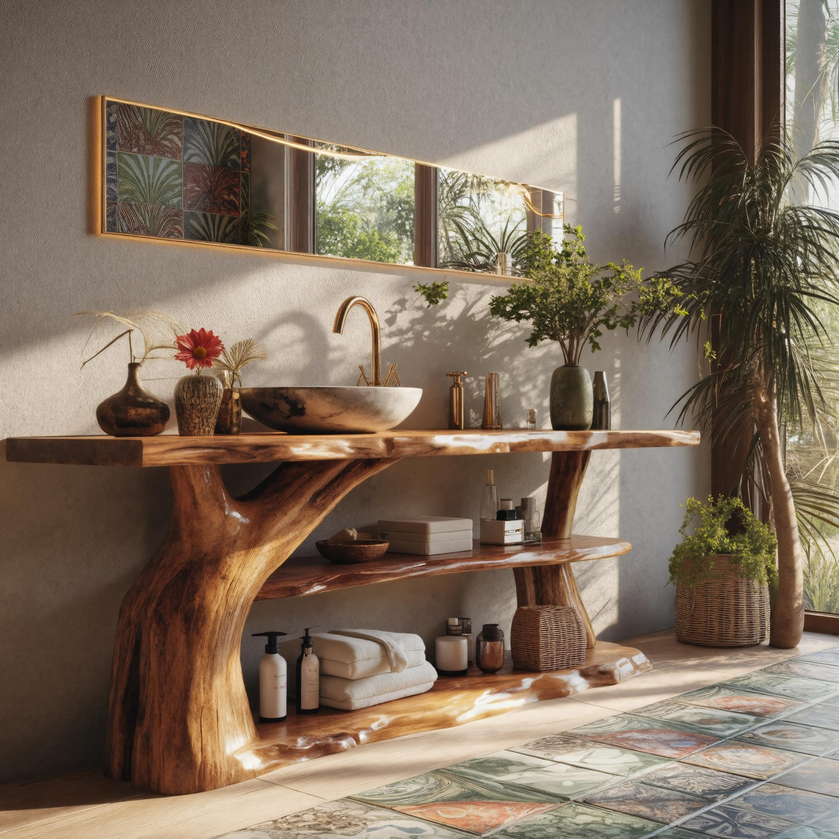 Riverroot Organic Live Edge Freestanding Bathroom Vanity with Shelves - Timberustic Freestanding Bathroom Vanity with Shelves