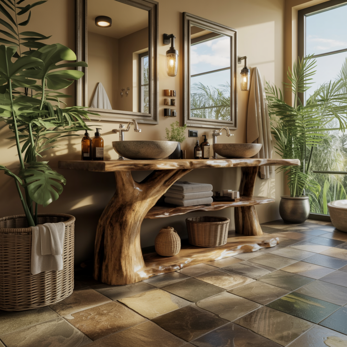 Riverroot Organic Live Edge Freestanding Bathroom Vanity with Shelves - Timberustic Freestanding Bathroom Vanity with Shelves