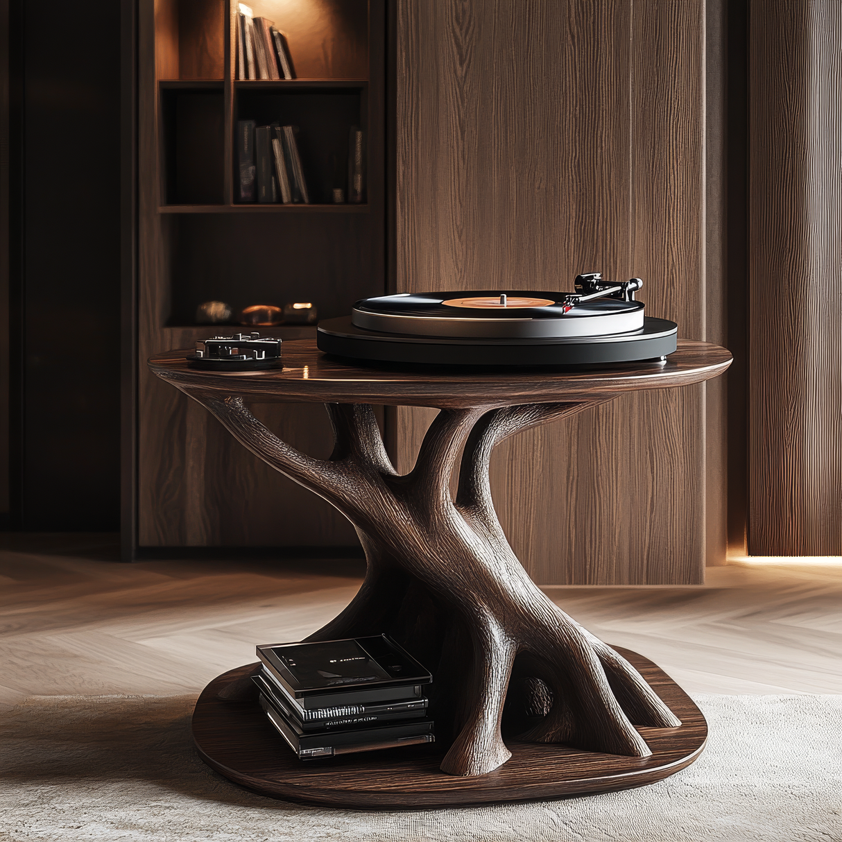 Roothaven Sculpted Solid Wood Record Player Stand - Timberustic Record Player Stand With Storage
