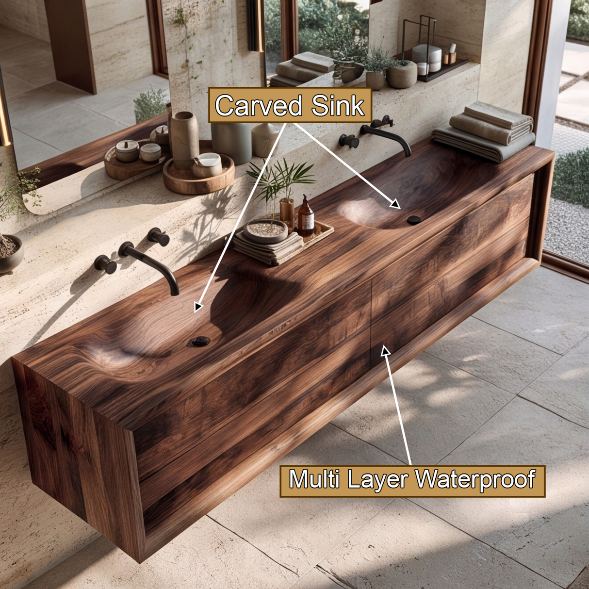 Rovaryn Handcrafted Solid Wood Floating Bathroom Vanity with Integrated Sinks and Drawers