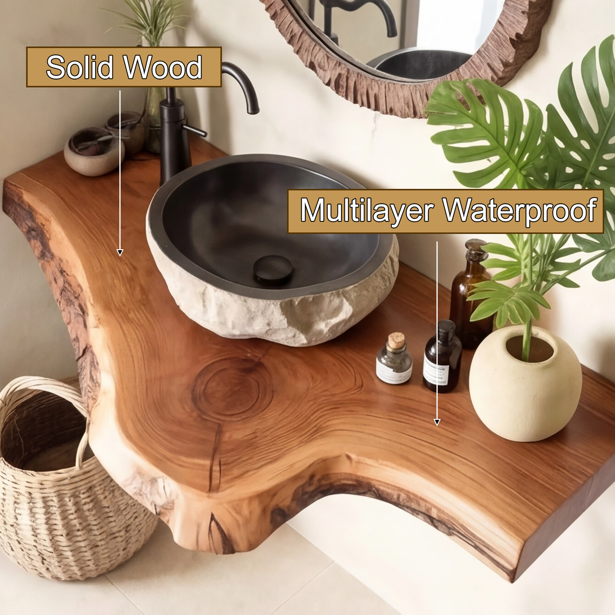 Rustic Live Edge Solid Wood Floating Bathroom Vanity