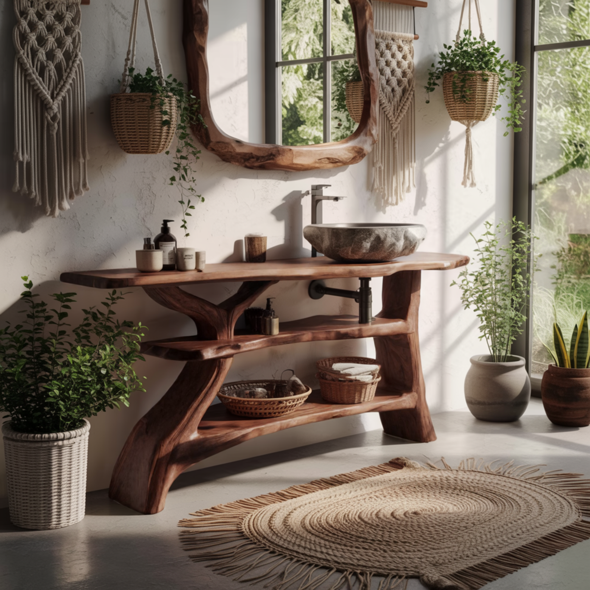 Rustic Solid Wood Bathroom Vanity with Shelves