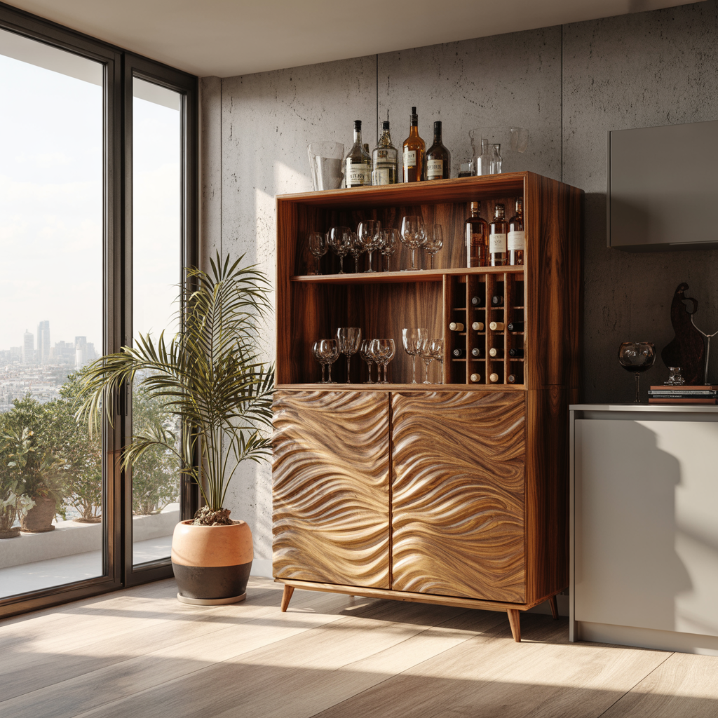 Seawave Carved Solid Wood Bar Cabinet