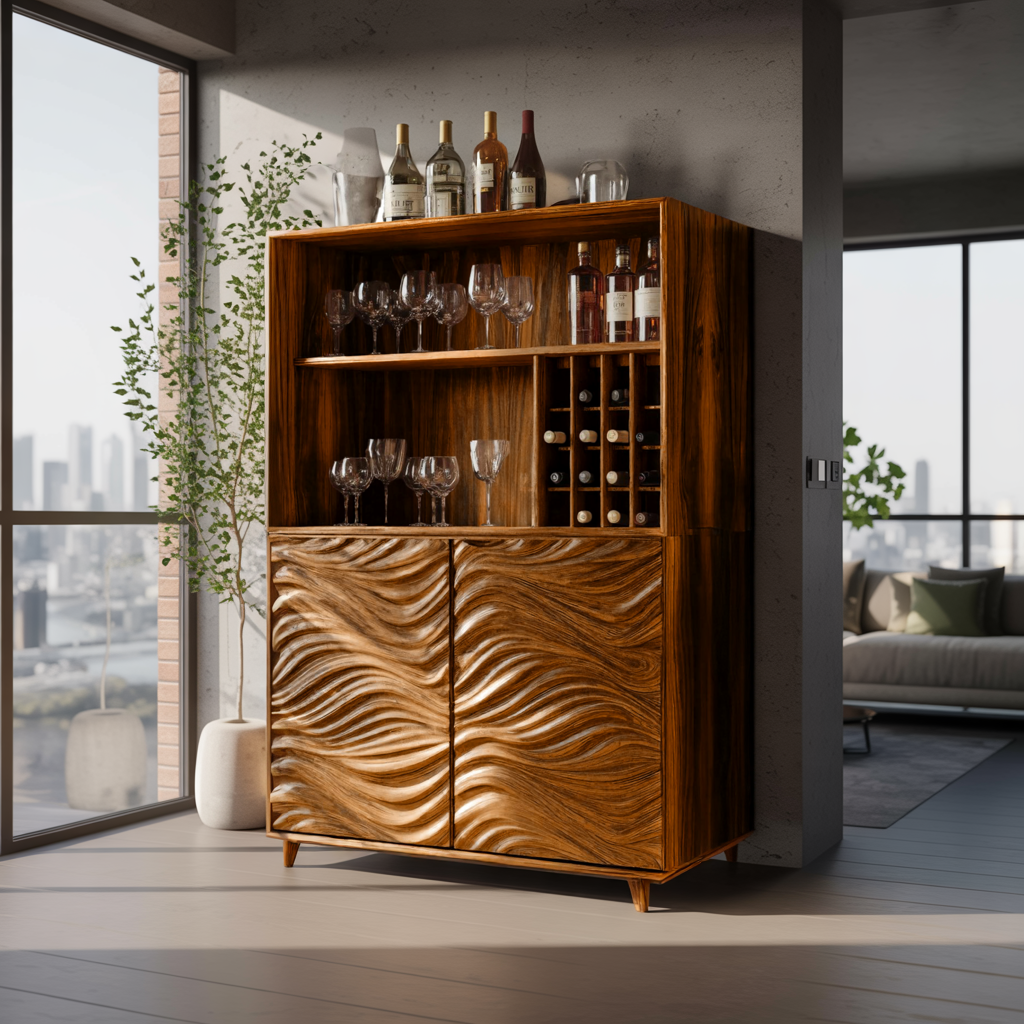Seawave Carved Solid Wood Bar Cabinet