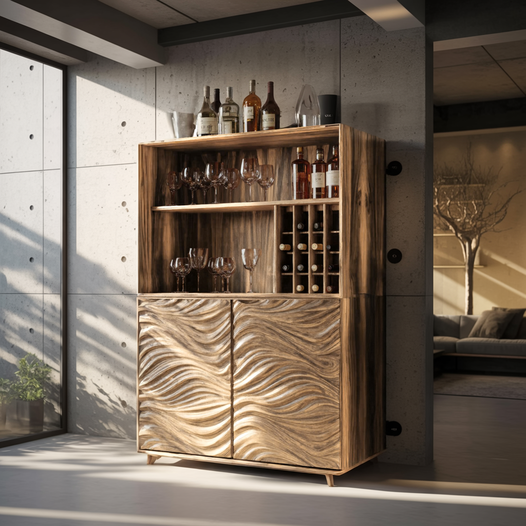 Seawave Carved Solid Wood Bar Cabinet