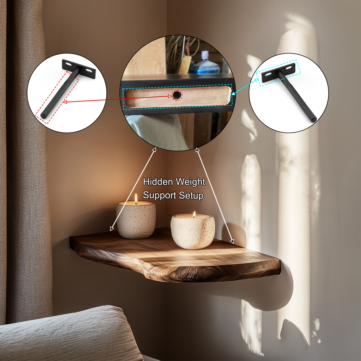 Selvaren Live Edge Solid Wood Corner Floating Shelf SPA606606 - Timberustic Floating Shelf
