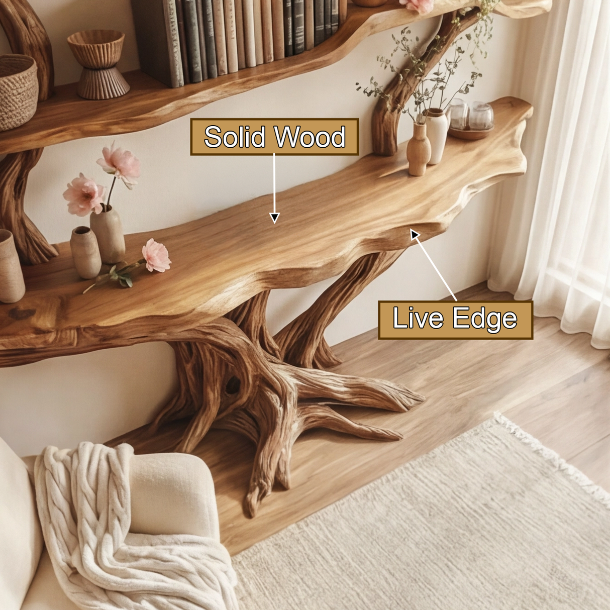 Serelyn Sculpted Solid Wood Console Table with Shelves - Timberustic Console Table with Shelves