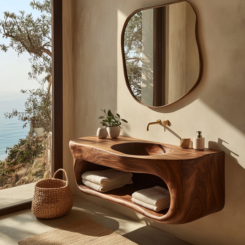 Solene Sculpted Solid Wood Floating Bathroom Vanity with Integrated Sink and Open Storage - Timberustic Floating Bathroom Vanity with Integrated Sink and Open Storage