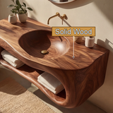 Solene Sculpted Solid Wood Floating Bathroom Vanity with Integrated Sink and Open Storage - Timberustic Floating Bathroom Vanity with Integrated Sink and Open Storage