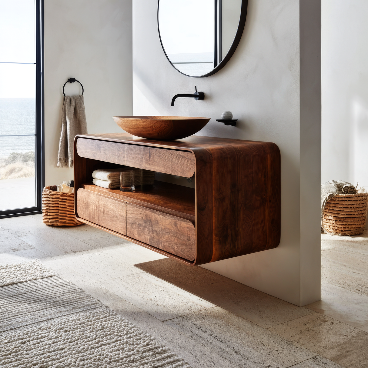 Solvane Curved Solid Wood Floating Bathroom Vanity with Drawers SPA392955 - Timberustic Floating Bathroom Vanity With Drawers
