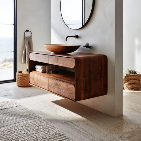 Solvane Curved Solid Wood Floating Bathroom Vanity with Drawers SPA392955 - Timberustic Floating Bathroom Vanity With Drawers