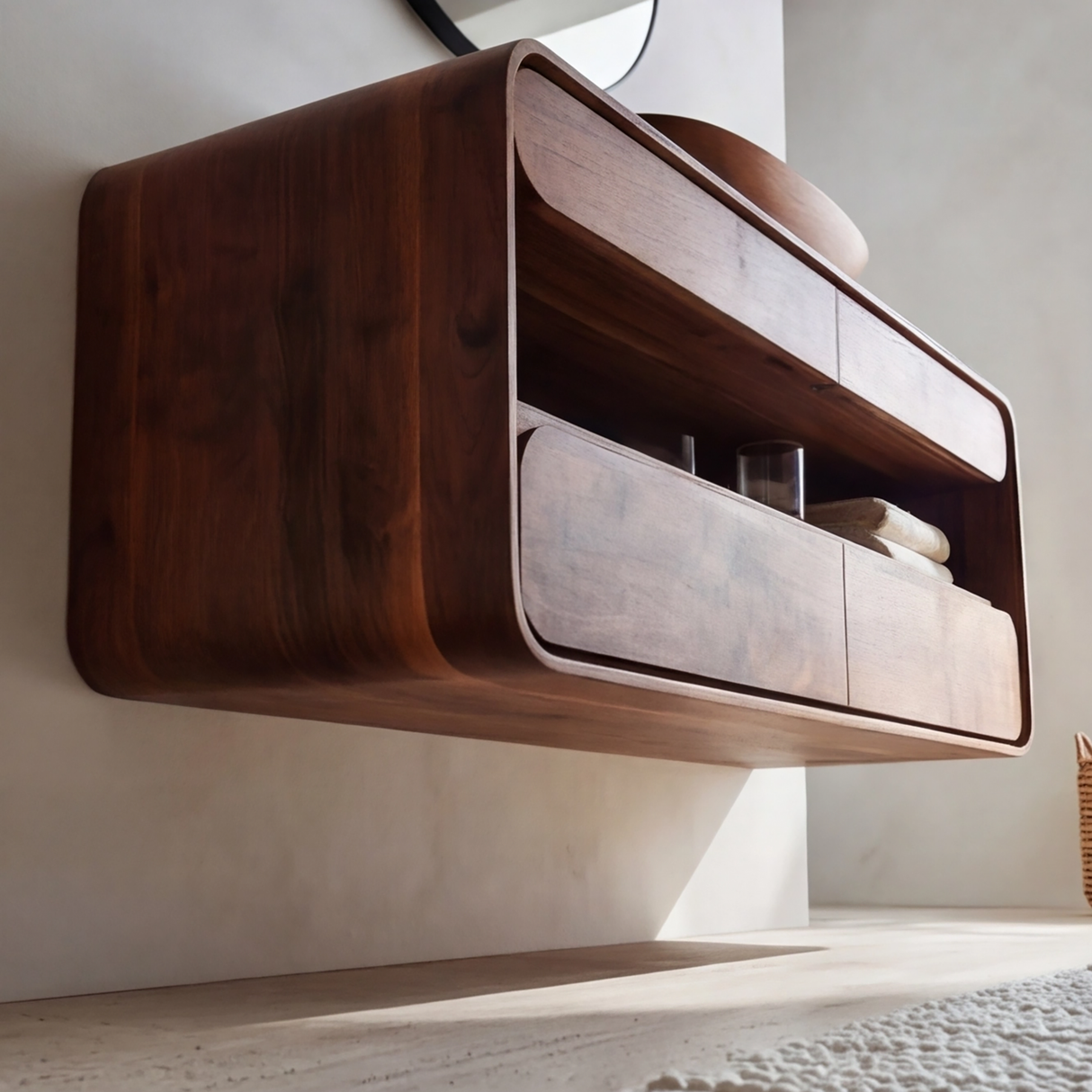 Solvane Curved Solid Wood Floating Bathroom Vanity with Drawers SPA392955 - Timberustic Floating Bathroom Vanity With Drawers