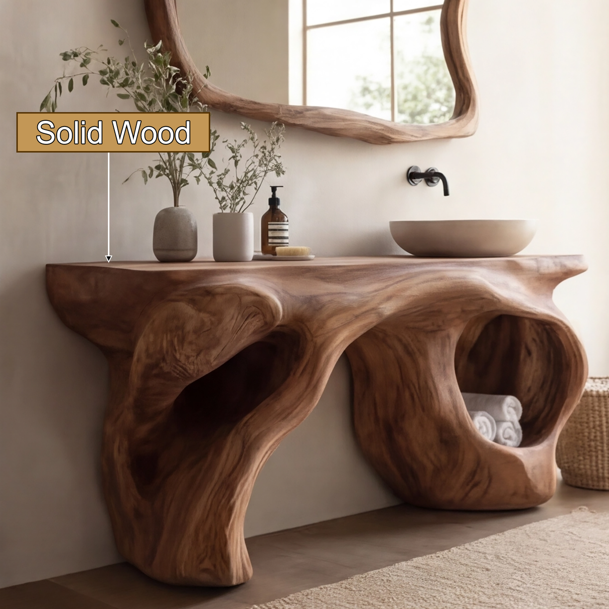 Solvane Sculpted Solid Wood Freestanding Bathroom Vanity with Open Storage - Timberustic Freestanding Bathroom Vanity with Open Storage