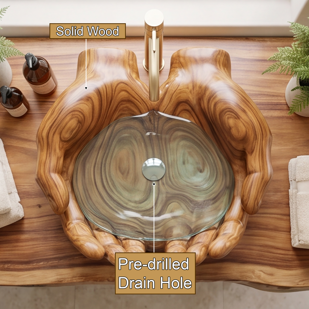 Solvara Handcrafted Solid Wood Hands-Shaped Vessel Sink