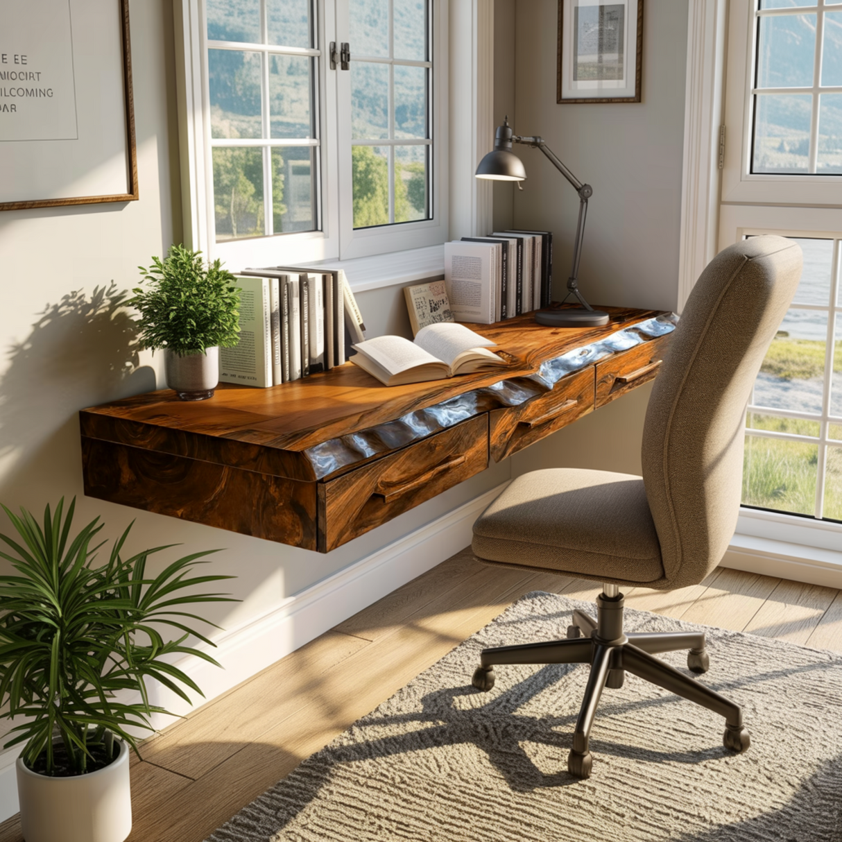 Solvaren Live Edge Solid Wood Floating Desk with Drawers