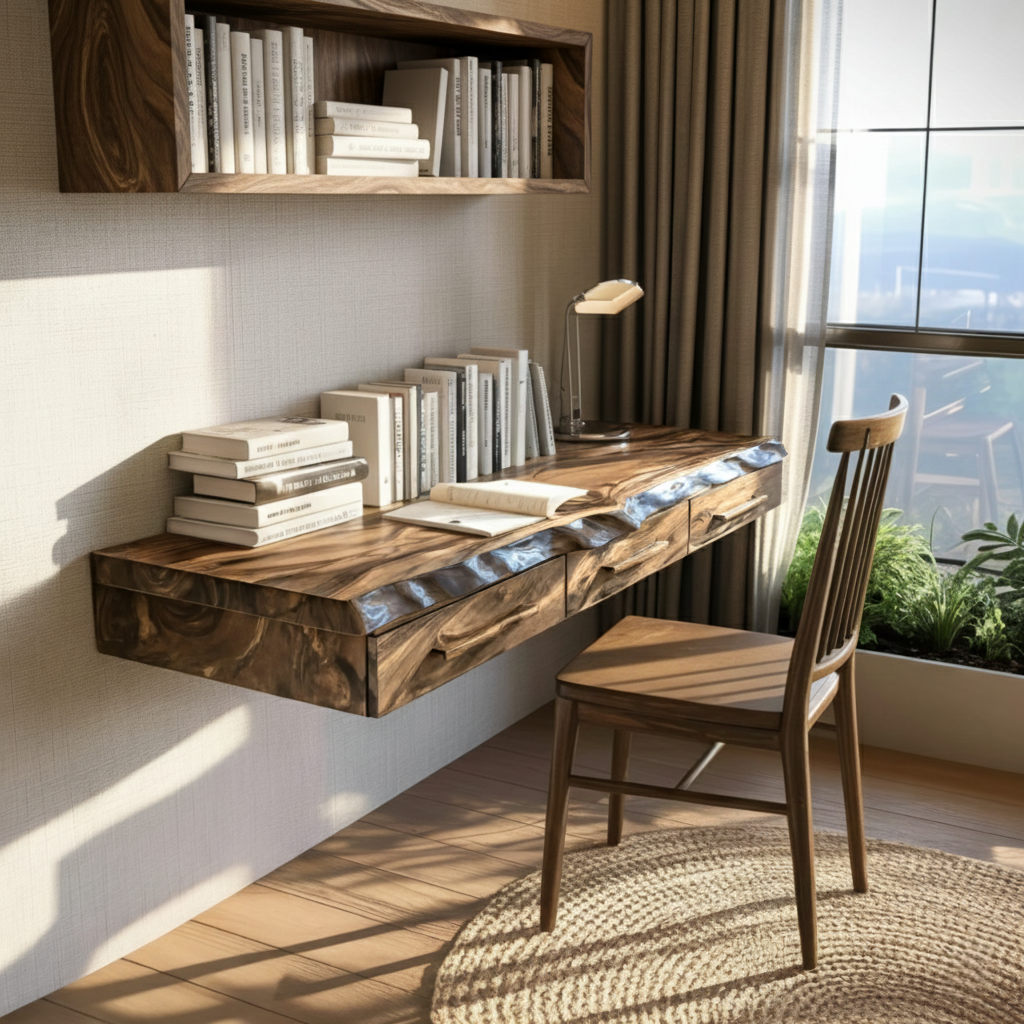Solvaren Live Edge Solid Wood Floating Desk with Drawers
