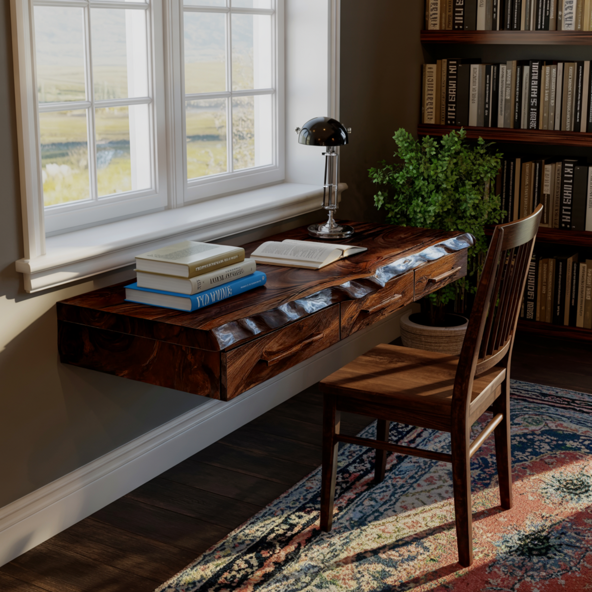 Solvaren Live Edge Solid Wood Floating Desk with Drawers