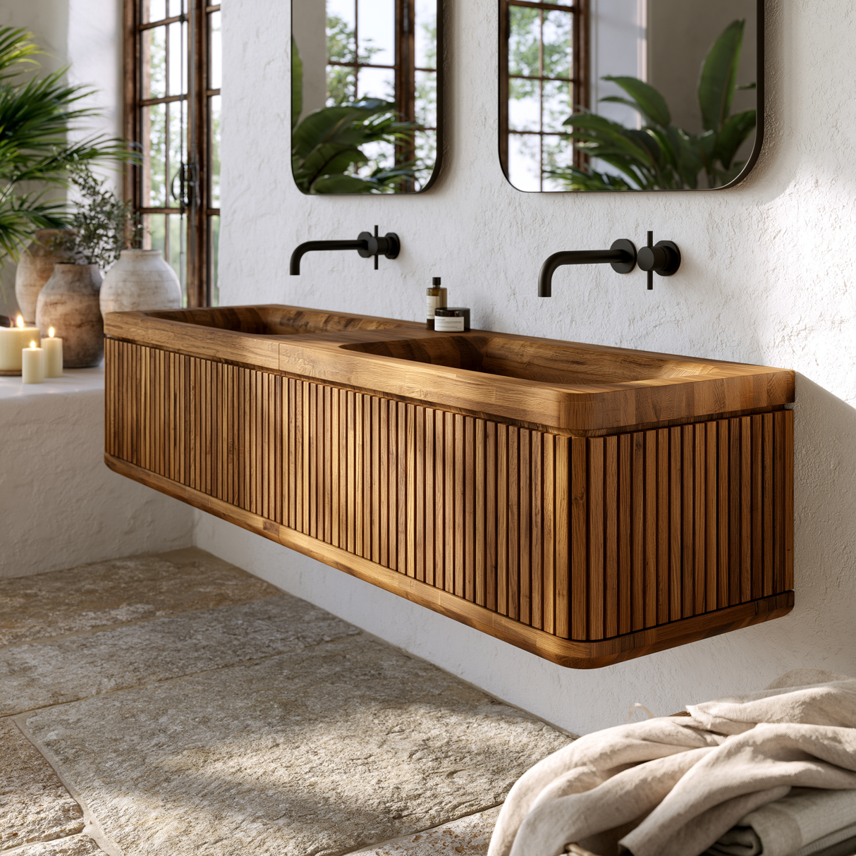 Solvayne Sculpted Solid Wood Floating Bathroom Vanity with Integrated Sinks and Drawers