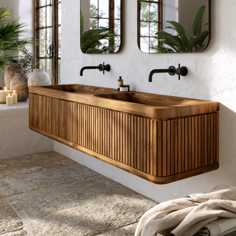 Solvayne Sculpted Solid Wood Floating Bathroom Vanity with Integrated Sinks and Drawers - Timberustic Floating Bathroom Vanity with Integrated Sink and Drawers
