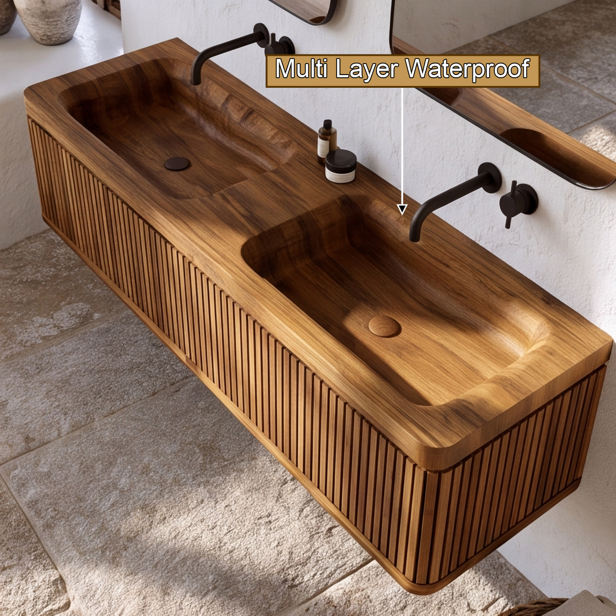 Solvayne Sculpted Solid Wood Floating Bathroom Vanity with Integrated Sinks and Drawers