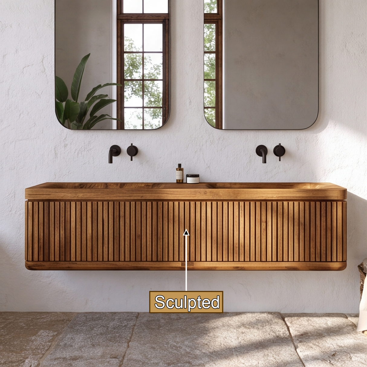 Solvayne Sculpted Solid Wood Floating Bathroom Vanity with Integrated Sinks and Drawers