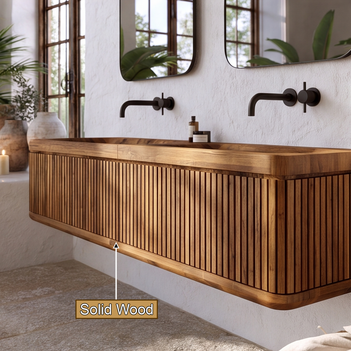 Solvayne Sculpted Solid Wood Floating Bathroom Vanity with Integrated Sinks and Drawers