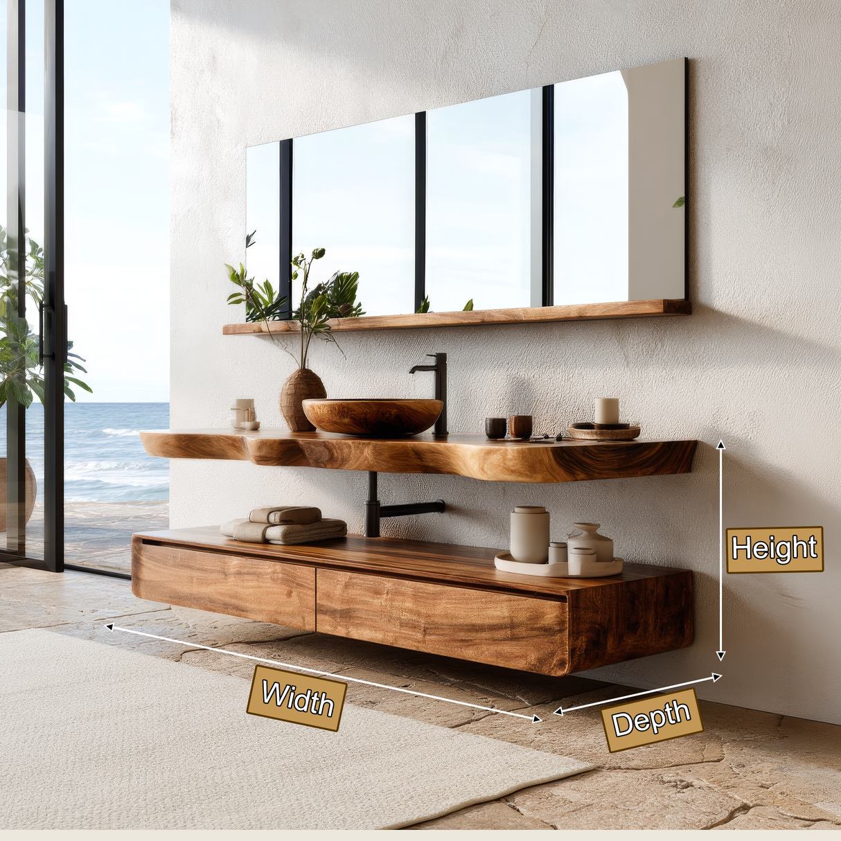Solvren Live Edge Solid Wood Floating Bathroom Vanity with Drawers SPA183636 - Timberustic Floating Bathroom Vanity With Drawers