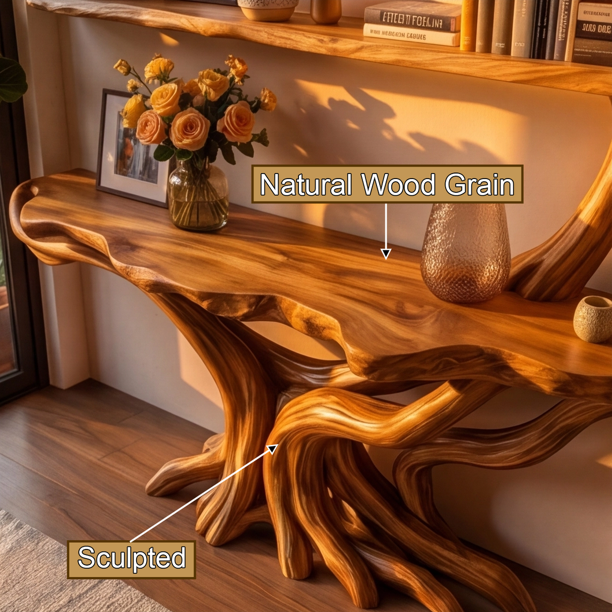 Solvyrn Sculpted Solid Wood Console Table with Shelves - Timberustic Console Table with Shelves