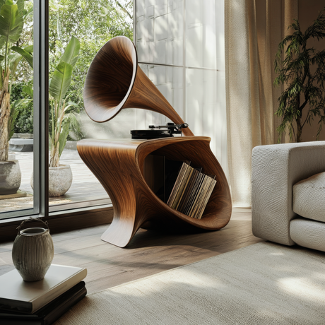 Sonavelle Sculpted Solid Wood Record Player Stand - Timberustic Record Player Stand With Storage