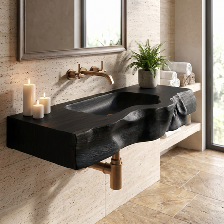 Stonebrook Handcrafted Live Edge Solid Wood Floating Bathroom Vanity with Integrated Sink Black - Timberustic Floating Bathroom Vanity with Integrated Sink