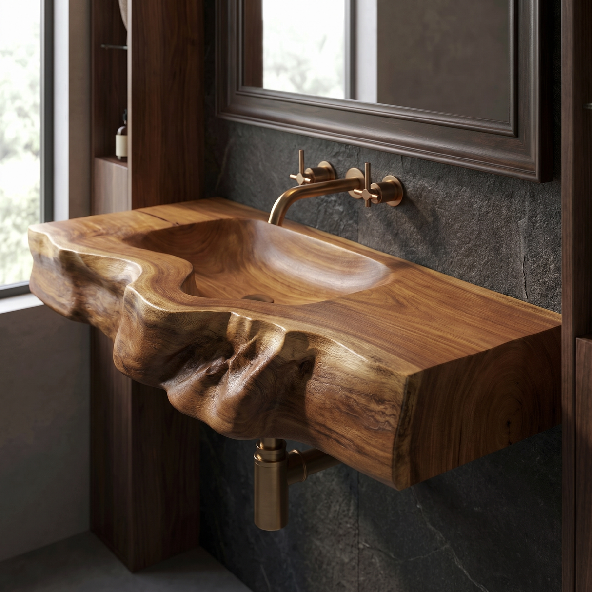 Stonebrook Handcrafted Live Edge Solid Wood Floating Bathroom Vanity with Integrated Sink