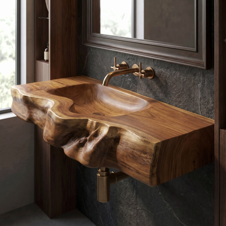 Stonebrook Handcrafted Live Edge Solid Wood Floating Bathroom Vanity with Integrated Sink Brown - Timberustic Floating Bathroom Vanity with Integrated Sink