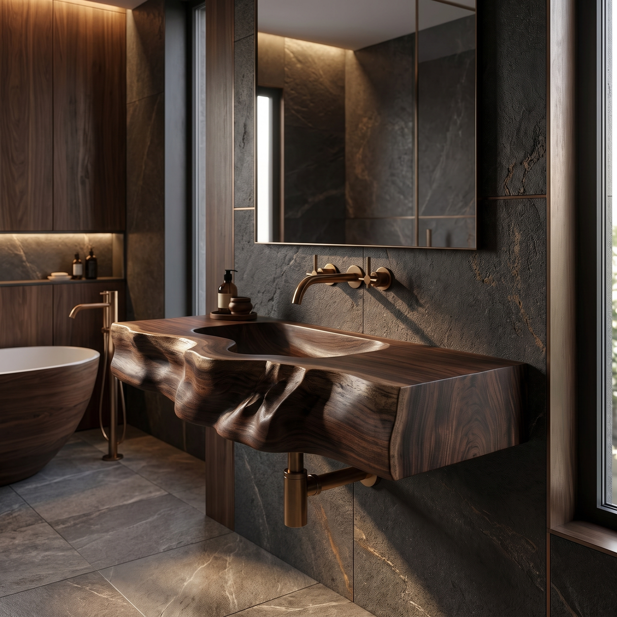 Stonebrook Handcrafted Live Edge Solid Wood Floating Bathroom Vanity with Integrated Sink