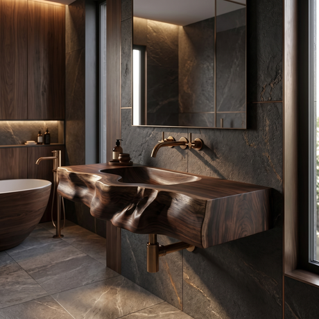 Stonebrook Handcrafted Live Edge Solid Wood Floating Bathroom Vanity with Integrated Sink Dark Walnut - Timberustic Floating Bathroom Vanity with Integrated Sink