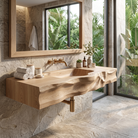 Stonebrook Handcrafted Live Edge Solid Wood Floating Bathroom Vanity with Integrated Sink Natural Oak - Timberustic Floating Bathroom Vanity with Integrated Sink