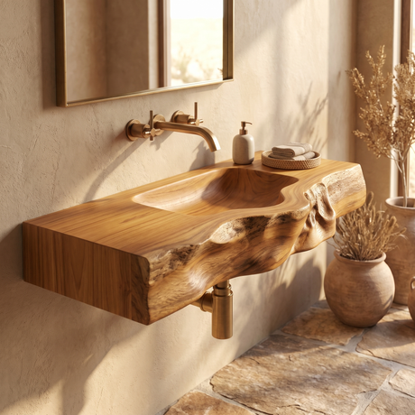Stonebrook Handcrafted Live Edge Solid Wood Floating Bathroom Vanity with Integrated Sink Teak - Timberustic Floating Bathroom Vanity with Integrated Sink