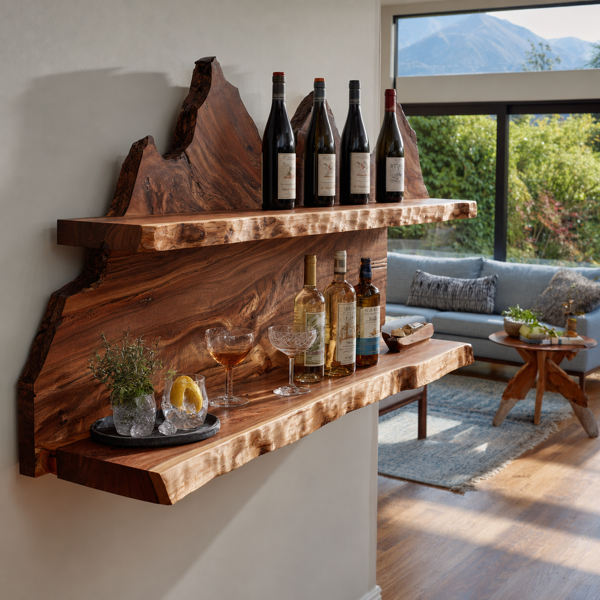 Stonehaven Live Edge Handcrafted Floating Wine Shelf - Timberustic Floating Wine Shelf