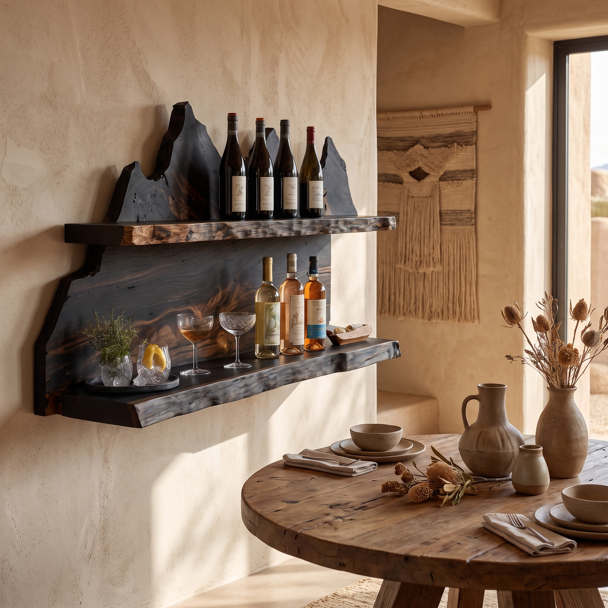 Stonehaven Live Edge Handcrafted Floating Wine Shelf Black - Timberustic Floating Wine Shelf