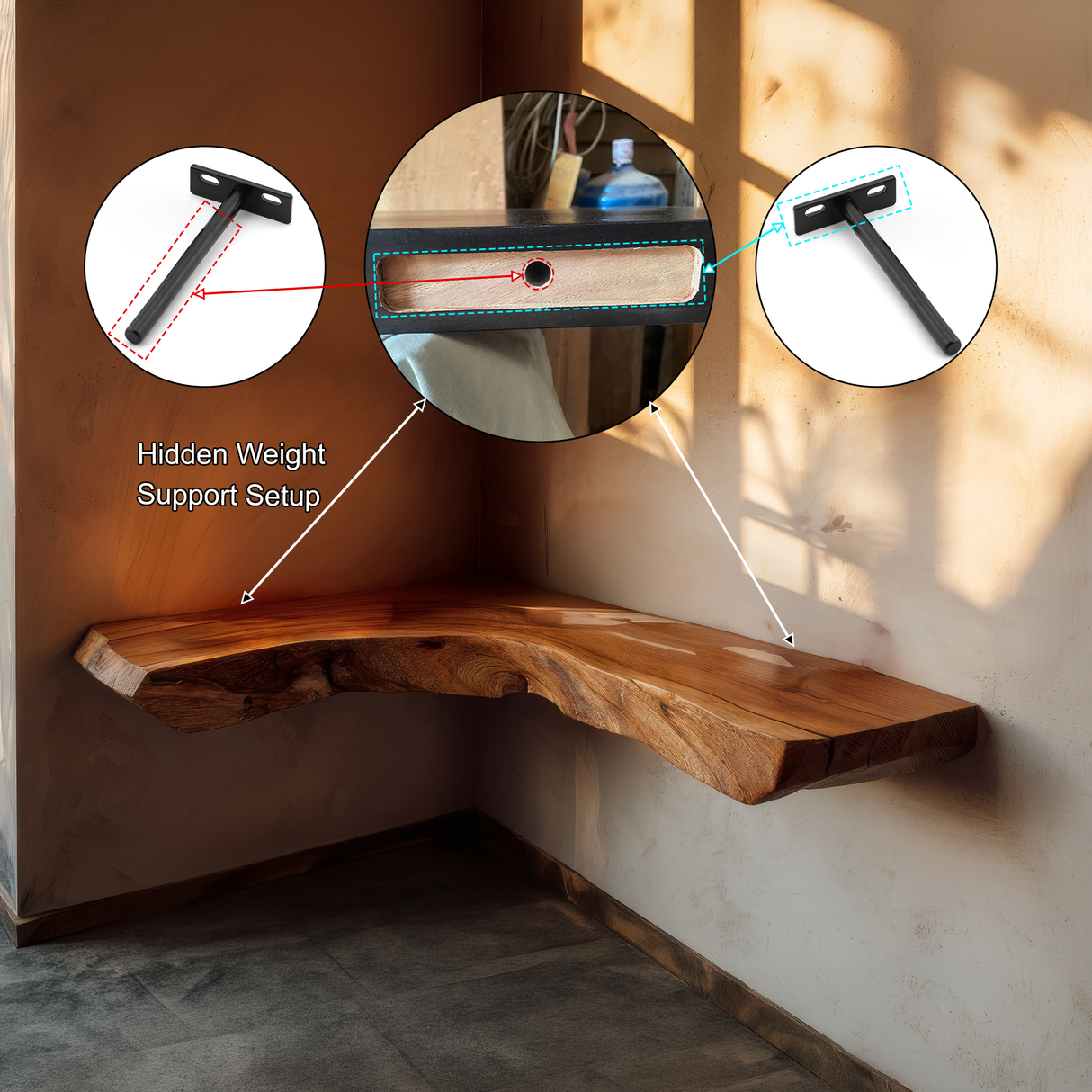 Sunbend Live Edge Solid Wood Corner Floating Shelf - TimbeRustic Floating Shelf