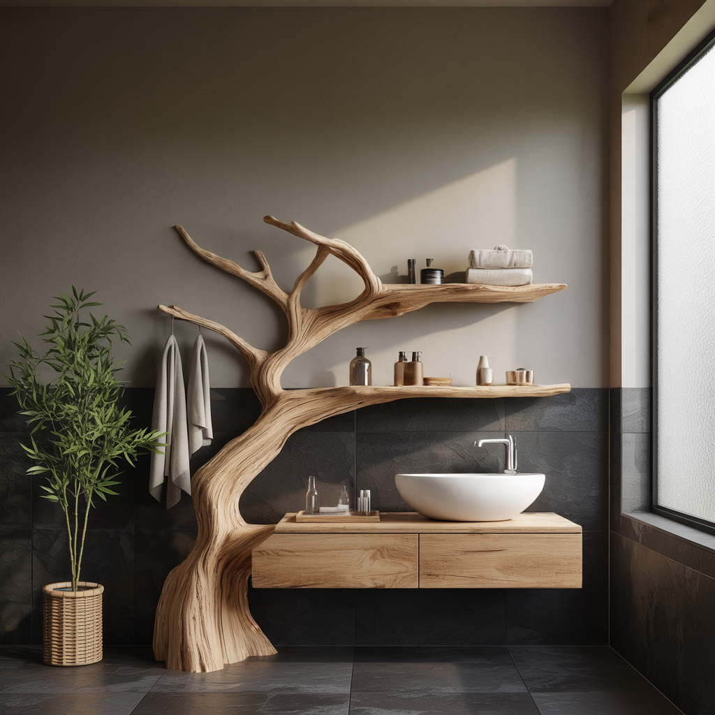 Sylvan Branch Live Edge Handcrafted Wood Floating Bathroom Vanity with Tree Shelves