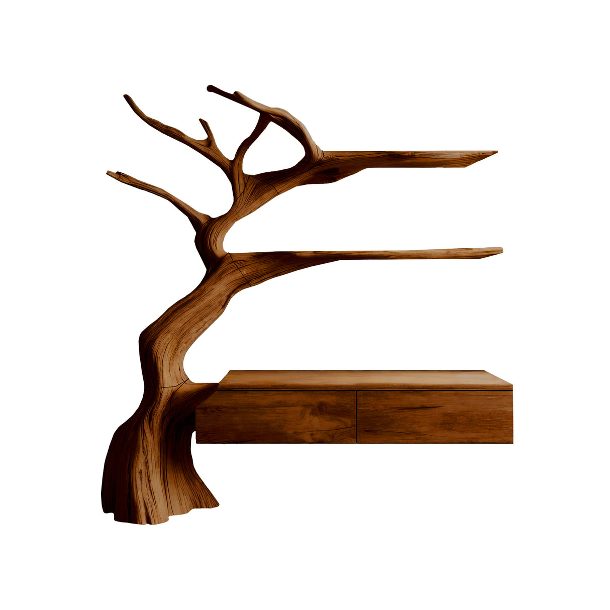 Sylvan Branch Live Edge Handcrafted Wood Floating Bathroom Vanity with Tree Shelves