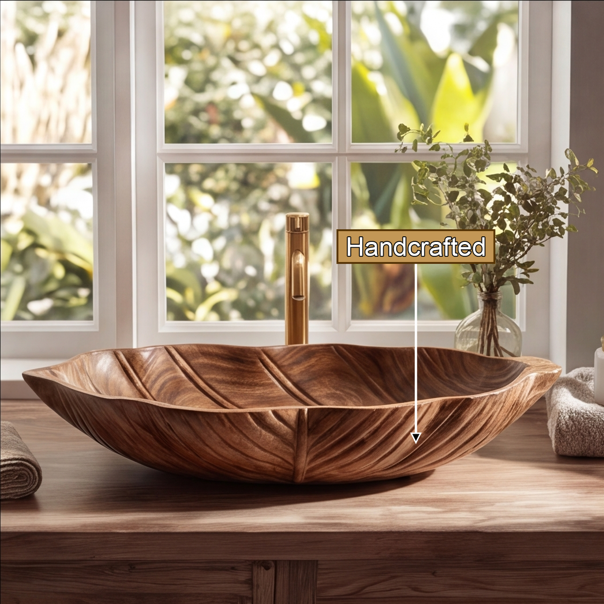 Sylvara Handcrafted Solid Wood Leaf Vessel Sink