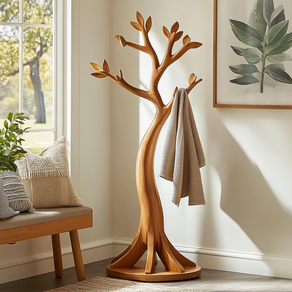 Sylvara Solid Wood Tree Coat Rack, Handcrafted Sculptural Standing Coat ...
