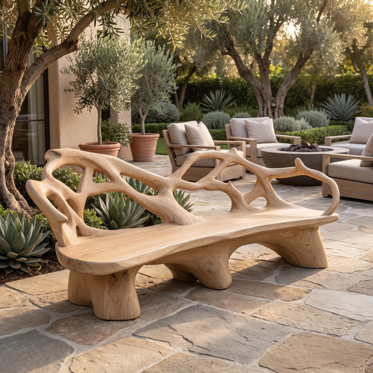 Sylvara Sculpted Solid Wood Outdoor Bench Natural Oak - Timberustic Bench