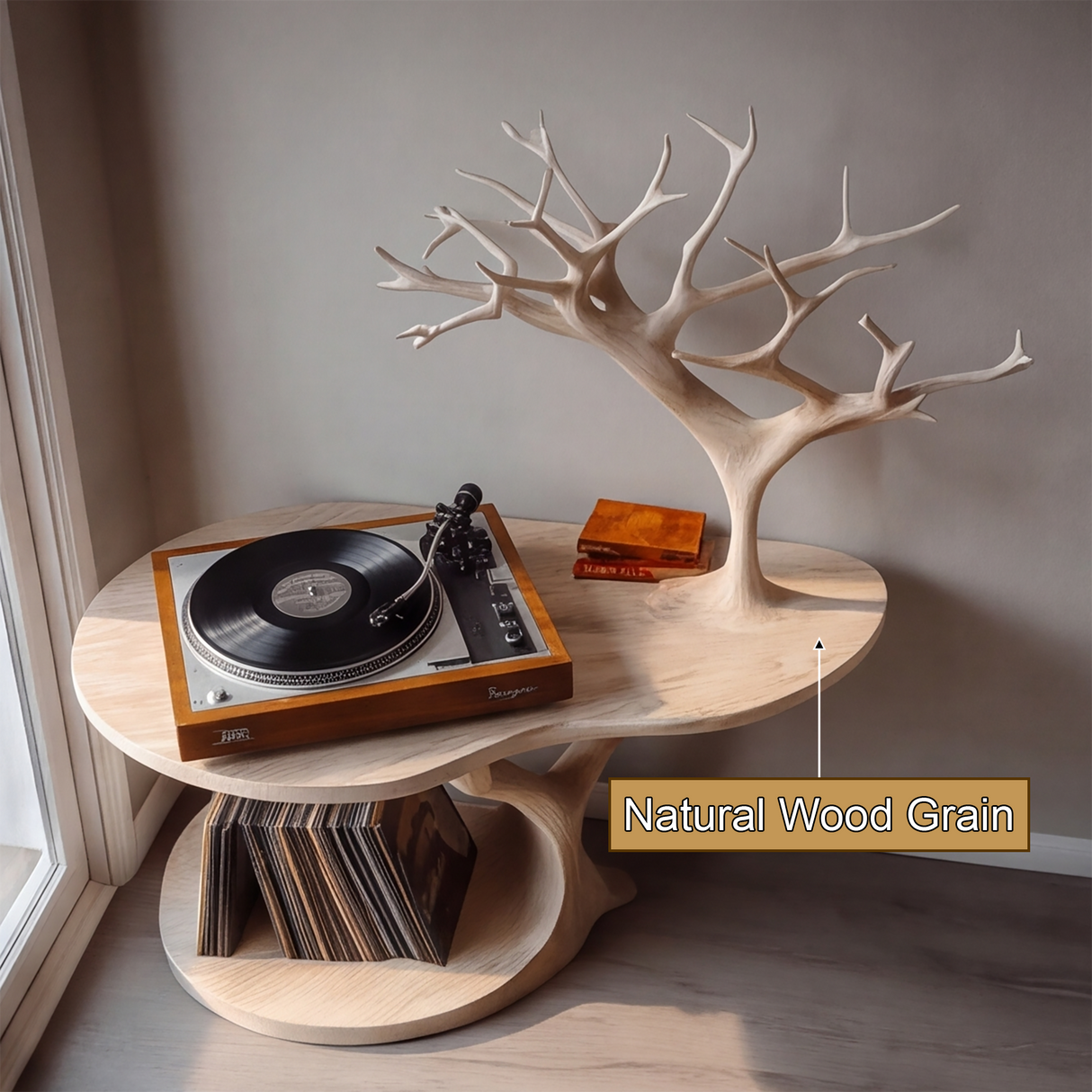 Sylvara Sculpted Solid Wood Record Player Stand - Timberustic Record Player Stand With Storage